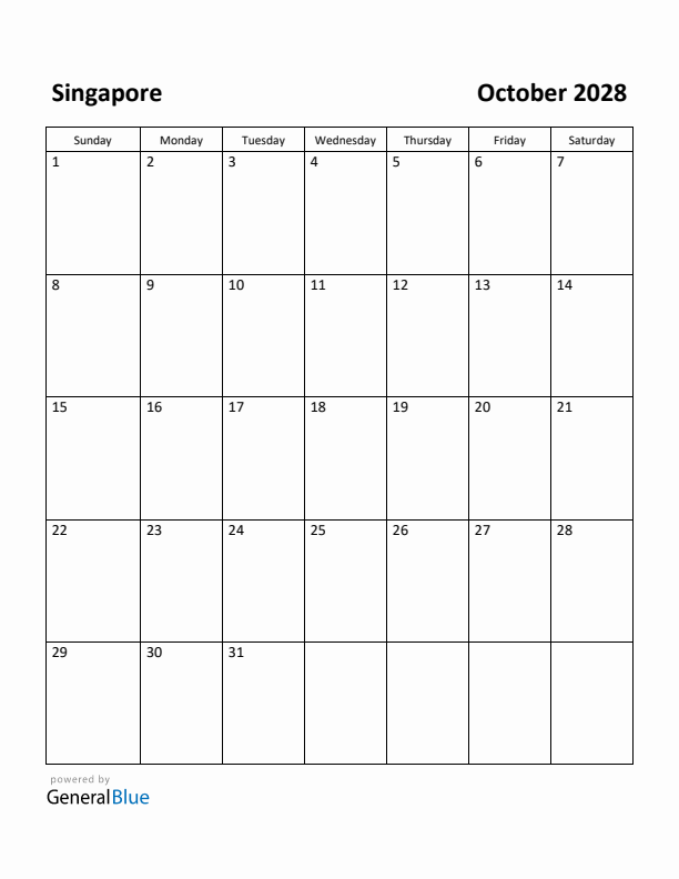 October 2028 Calendar with Singapore Holidays