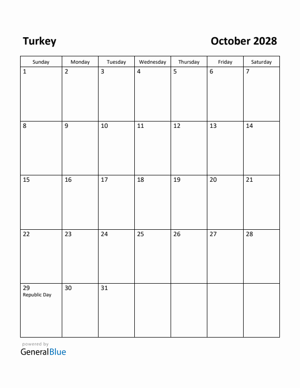 October 2028 Calendar with Turkey Holidays