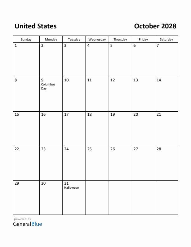 October 2028 Calendar with United States Holidays