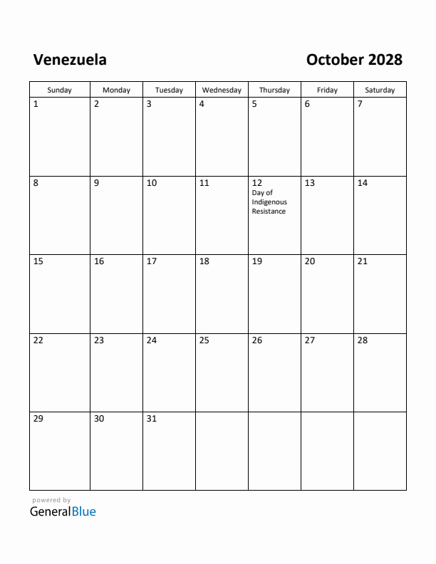 October 2028 Calendar with Venezuela Holidays