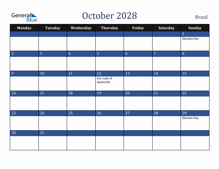 October 2028 Brazil Calendar (Monday Start)