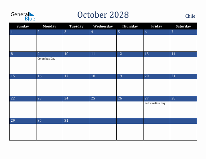 October 2028 Chile Calendar (Sunday Start)