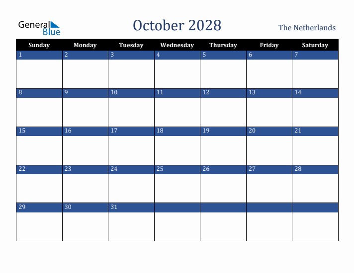 October 2028 The Netherlands Calendar (Sunday Start)