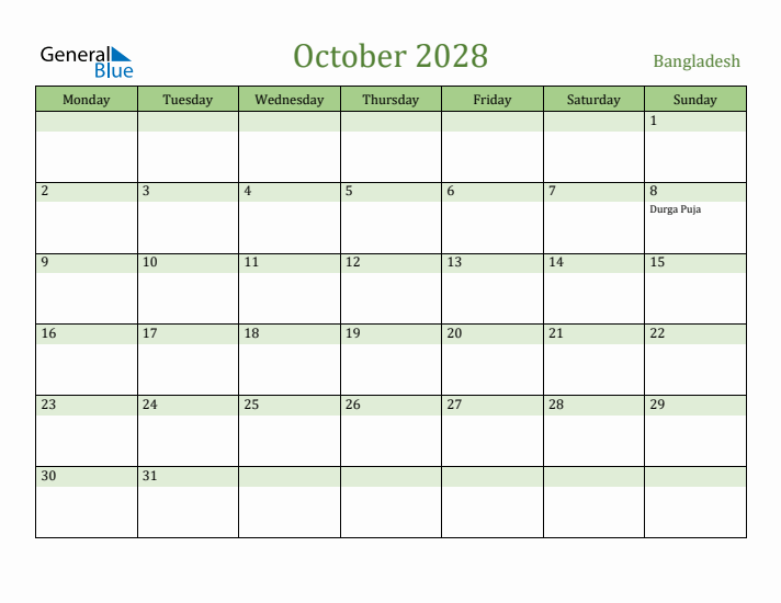 October 2028 Calendar with Bangladesh Holidays