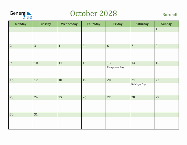 October 2028 Calendar with Burundi Holidays