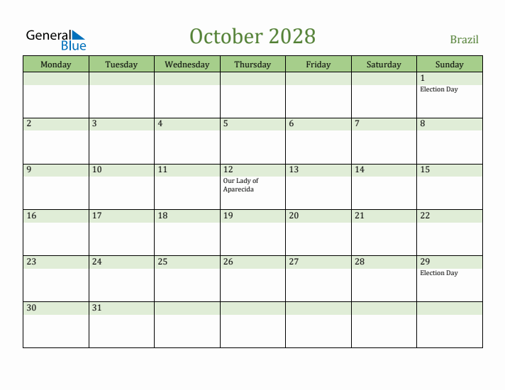 October 2028 Calendar with Brazil Holidays