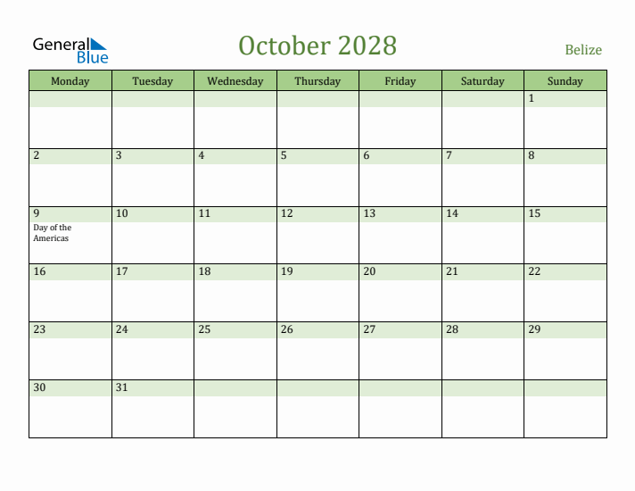 October 2028 Calendar with Belize Holidays