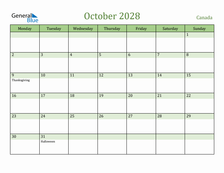 October 2028 Calendar with Canada Holidays