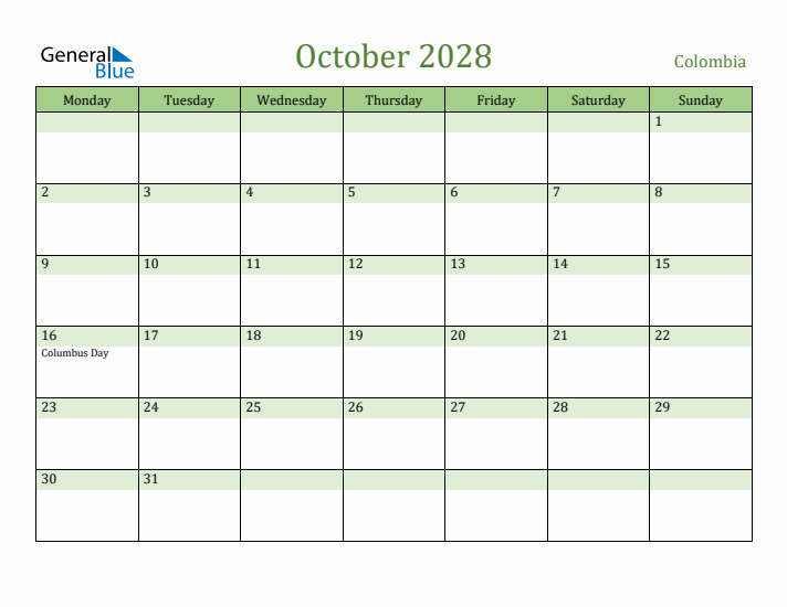 October 2028 Calendar with Colombia Holidays