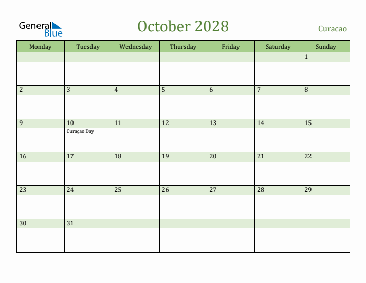 October 2028 Calendar with Curacao Holidays