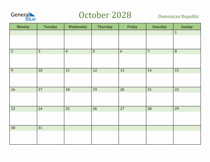 October 2028 Calendar with Dominican Republic Holidays