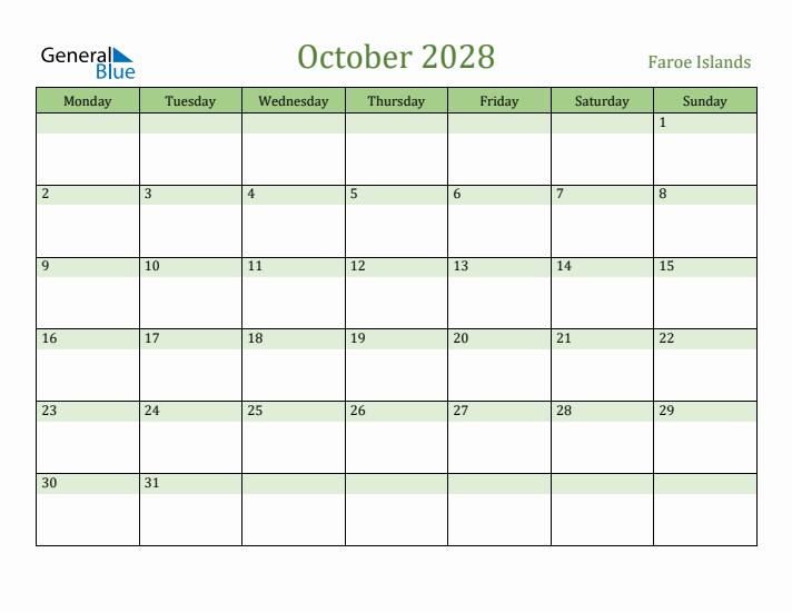 October 2028 Calendar with Faroe Islands Holidays