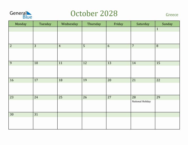 October 2028 Calendar with Greece Holidays