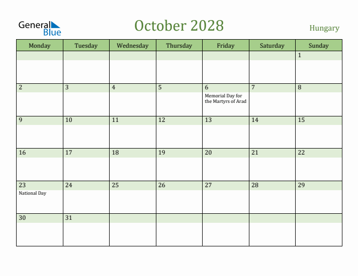 October 2028 Calendar with Hungary Holidays