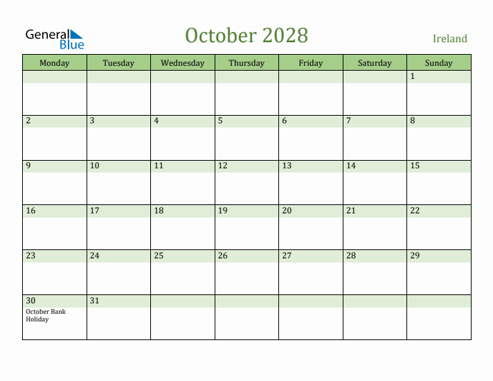 October 2028 Calendar with Ireland Holidays