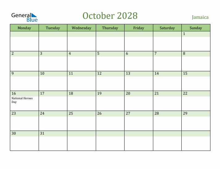 October 2028 Calendar with Jamaica Holidays