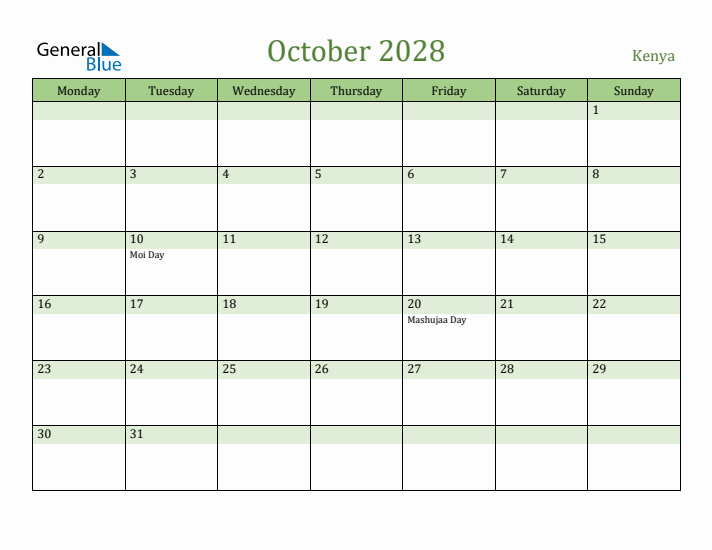 October 2028 Calendar with Kenya Holidays