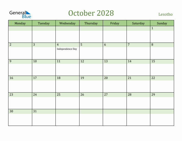 October 2028 Calendar with Lesotho Holidays