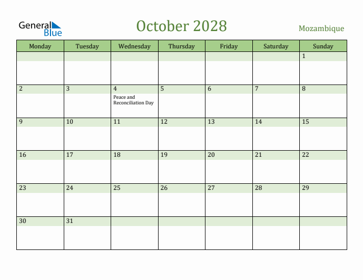 October 2028 Calendar with Mozambique Holidays