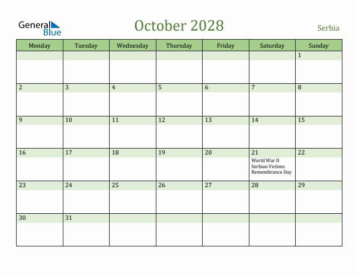 October 2028 Calendar with Serbia Holidays