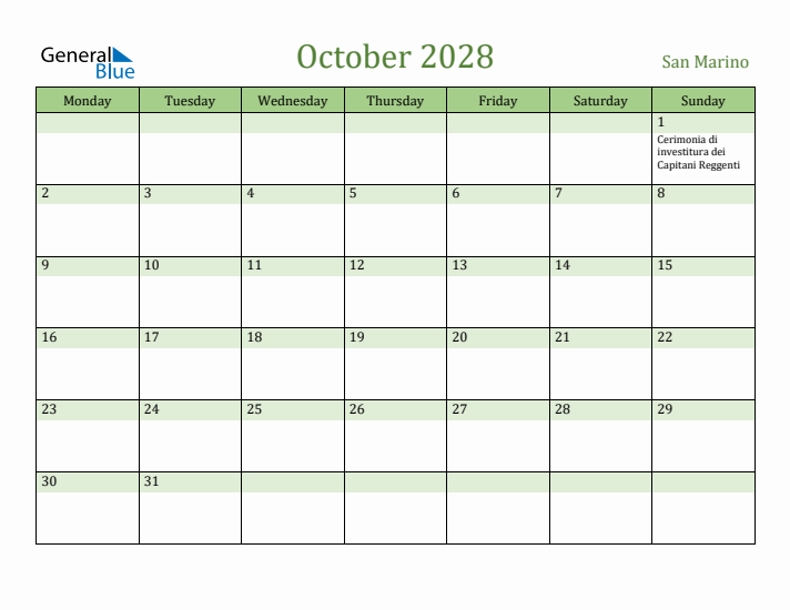 October 2028 Calendar with San Marino Holidays