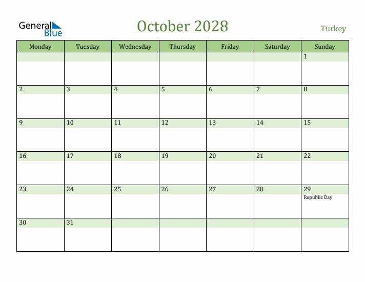 October 2028 Calendar with Turkey Holidays