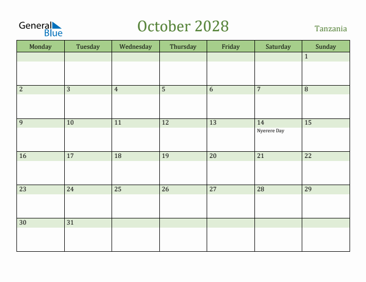 October 2028 Calendar with Tanzania Holidays