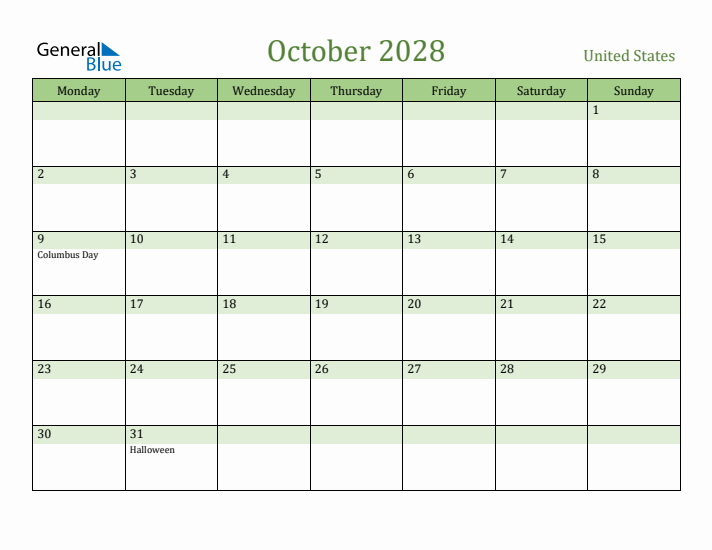 October 2028 Calendar with United States Holidays