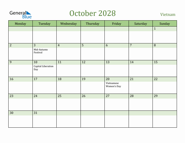 October 2028 Calendar with Vietnam Holidays