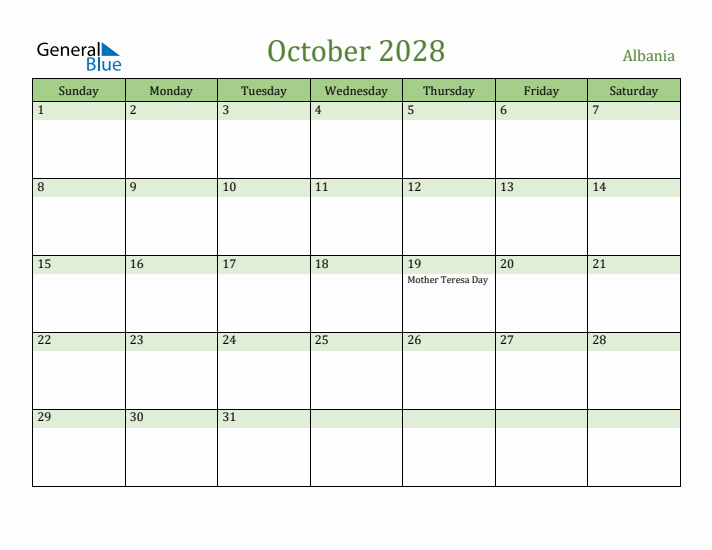 October 2028 Calendar with Albania Holidays