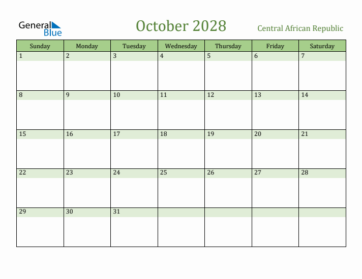 October 2028 Calendar with Central African Republic Holidays