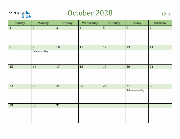 October 2028 Calendar with Chile Holidays