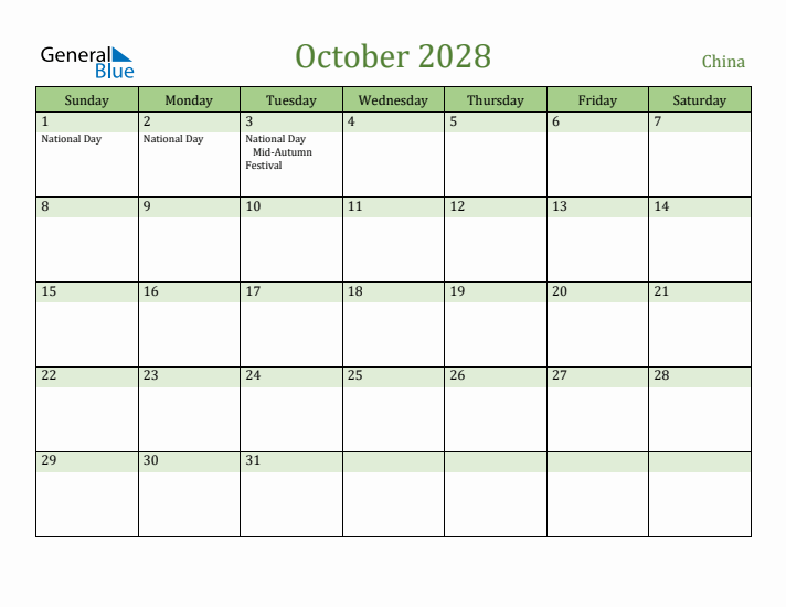 October 2028 Calendar with China Holidays