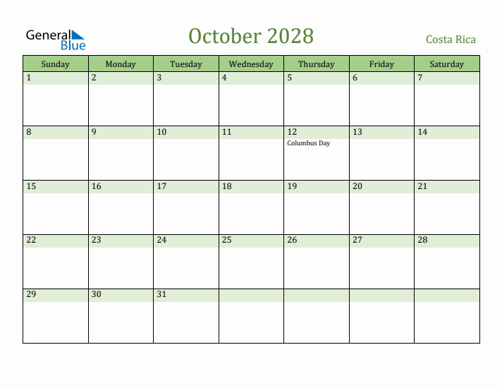 October 2028 Calendar with Costa Rica Holidays