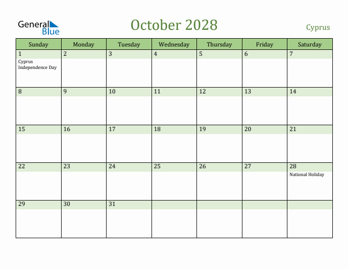 October 2028 Calendar with Cyprus Holidays