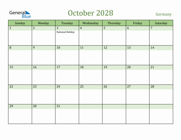 October 2028 Calendar with Germany Holidays