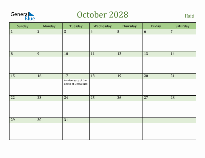 October 2028 Calendar with Haiti Holidays