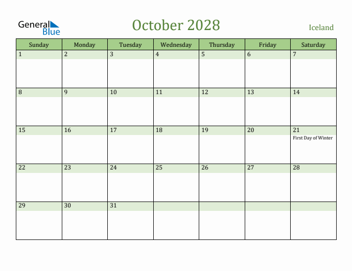 October 2028 Calendar with Iceland Holidays