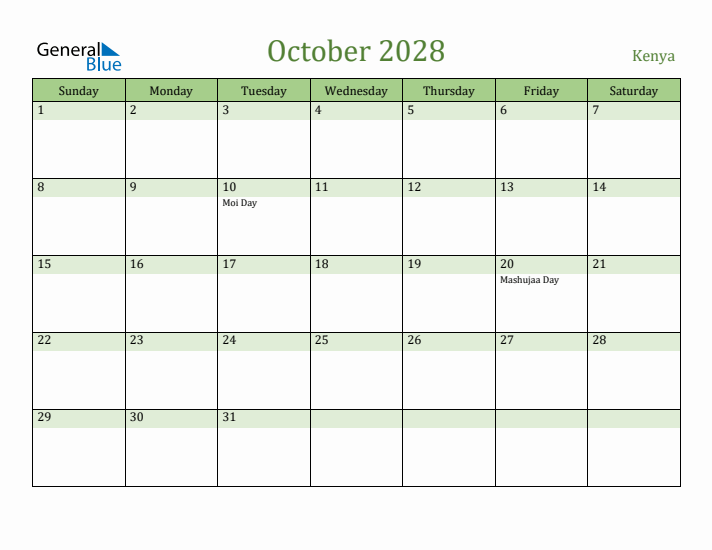 October 2028 Calendar with Kenya Holidays