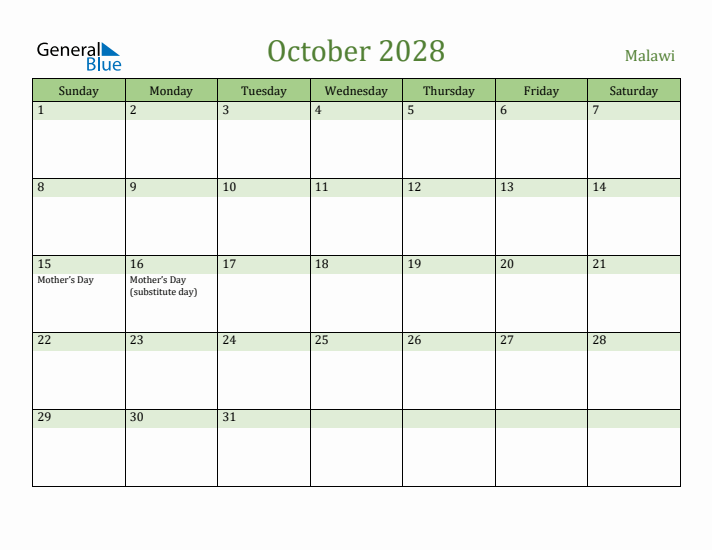 October 2028 Calendar with Malawi Holidays