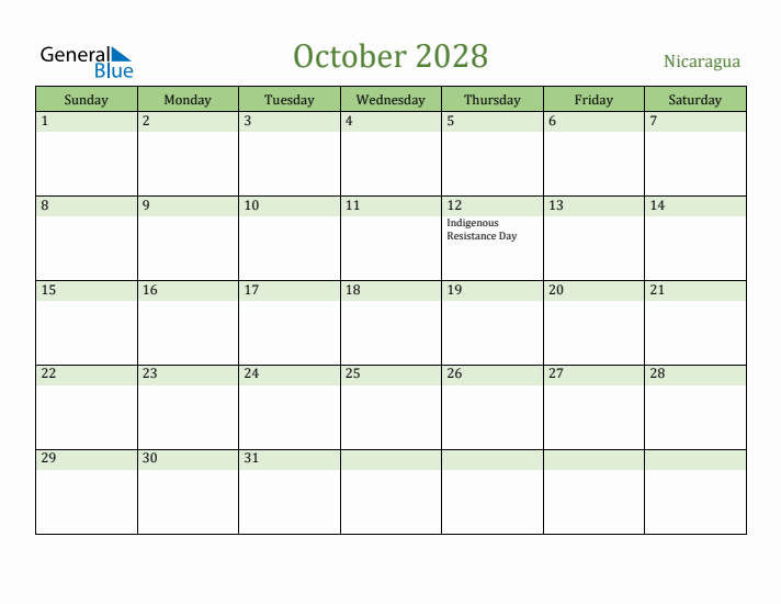 October 2028 Calendar with Nicaragua Holidays