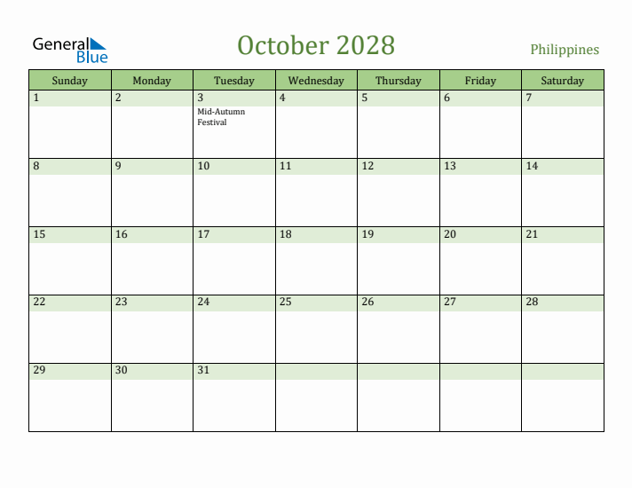 October 2028 Calendar with Philippines Holidays