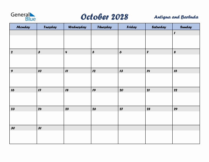 October 2028 Calendar with Holidays in Antigua and Barbuda