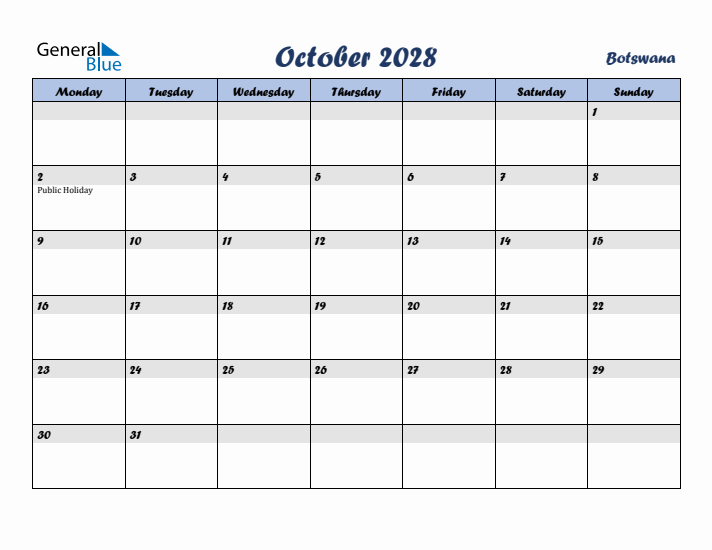 October 2028 Calendar with Holidays in Botswana