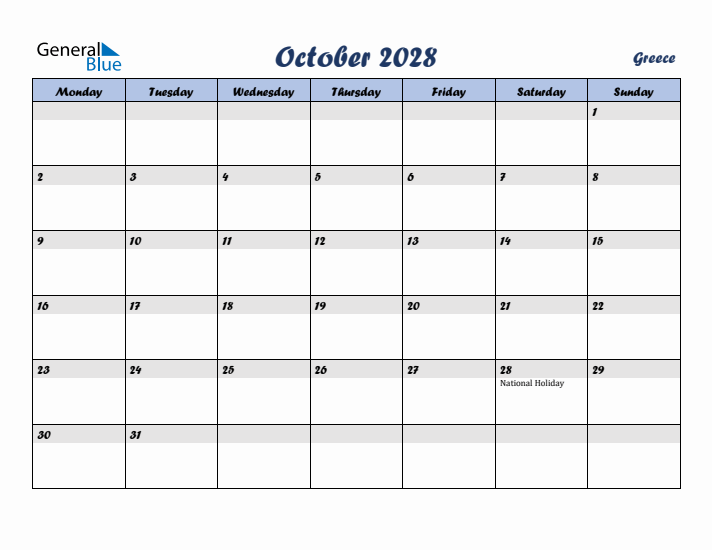 October 2028 Calendar with Holidays in Greece