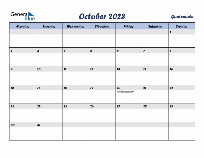 October 2028 Calendar with Holidays in Guatemala