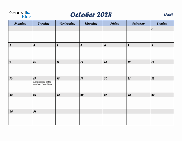 October 2028 Calendar with Holidays in Haiti