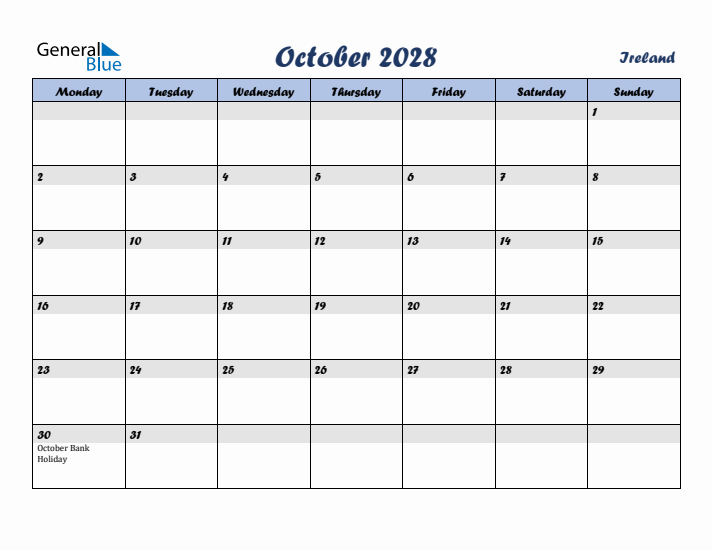 October 2028 Calendar with Holidays in Ireland