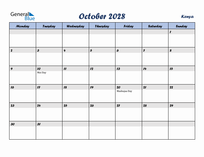 October 2028 Calendar with Holidays in Kenya