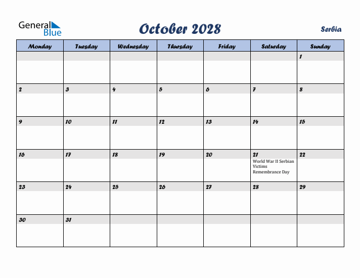 October 2028 Calendar with Holidays in Serbia